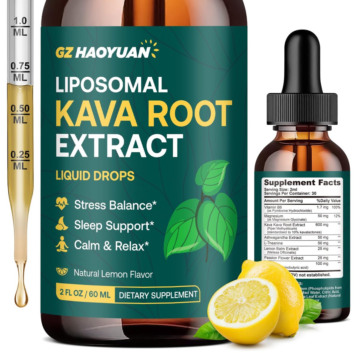 Liposomale Kava Kava Tropfen für Ruhe & Entspannung – Kava-Wurzel-Extrakt mit GABA, Ashwagandha & Magnesium – Unterstützt Stimmung & besseren Schlaf, schnell absorbierende vegane Kava-Liquid-Tropfen Zitrone 60 ml