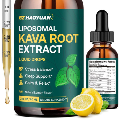 Liposomale Kava Kava Tropfen für Ruhe & Entspannung – Kava-Wurzel-Extrakt mit GABA, Ashwagandha & Magnesium – Unterstützt Stimmung & besseren Schlaf, schnell absorbierende vegane Kava-Liquid-Tropfen Zitrone 60 ml