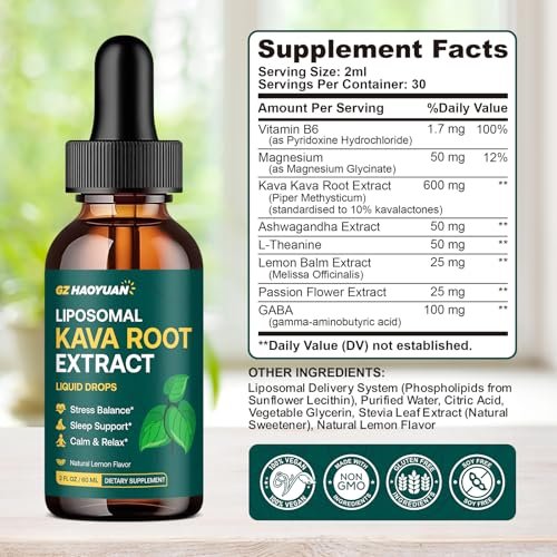 Liposomale Kava Kava Tropfen für Ruhe & Entspannung – Kava-Wurzel-Extrakt mit GABA, Ashwagandha & Magnesium – Unterstützt Stimmung & besseren Schlaf, schnell absorbierende vegane Kava-Liquid-Tropfen Zitrone 60 ml