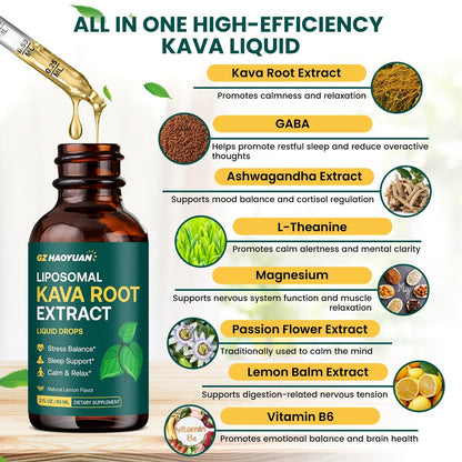 Liposomale Kava Kava Tropfen für Ruhe & Entspannung – Kava-Wurzel-Extrakt mit GABA, Ashwagandha & Magnesium – Unterstützt Stimmung & besseren Schlaf, schnell absorbierende vegane Kava-Liquid-Tropfen Zitrone 60 ml