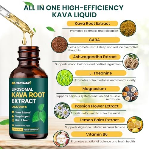 Liposomale Kava Kava Tropfen für Ruhe & Entspannung – Kava-Wurzel-Extrakt mit GABA, Ashwagandha & Magnesium – Unterstützt Stimmung & besseren Schlaf, schnell absorbierende vegane Kava-Liquid-Tropfen Zitrone 60 ml