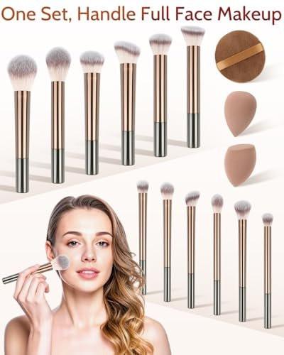 JOKHUE Makeup Pinselset – 12-teiliges Multifunktions-Kosmetikpinsel-Set mit 3 Make-up-Schwämmen und Aufbewahrungstasche – braun