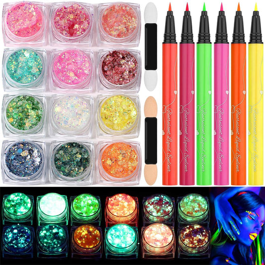 Glow in the Dark Glitter Gel mit UV Neon Liquid Eyeliner Stift Set für Körper, Gesicht, Haare, Augen – Make-up-Kit für Rave-Accessoires, Party, Halloween, Anime, Cosplay, Konzerte, Festival, Karneval, Körperbemalung