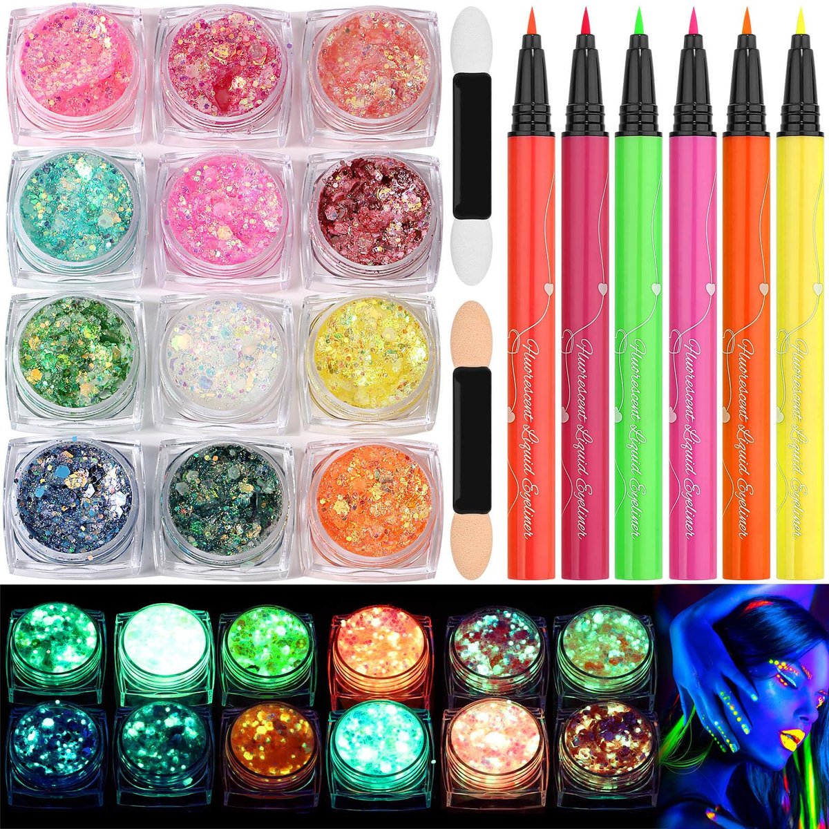 Glow in the Dark Glitter Gel mit UV Neon Liquid Eyeliner Stift Set für Körper, Gesicht, Haare, Augen – Make-up-Kit für Rave-Accessoires, Party, Halloween, Anime, Cosplay, Konzerte, Festival, Karneval, Körperbemalung
