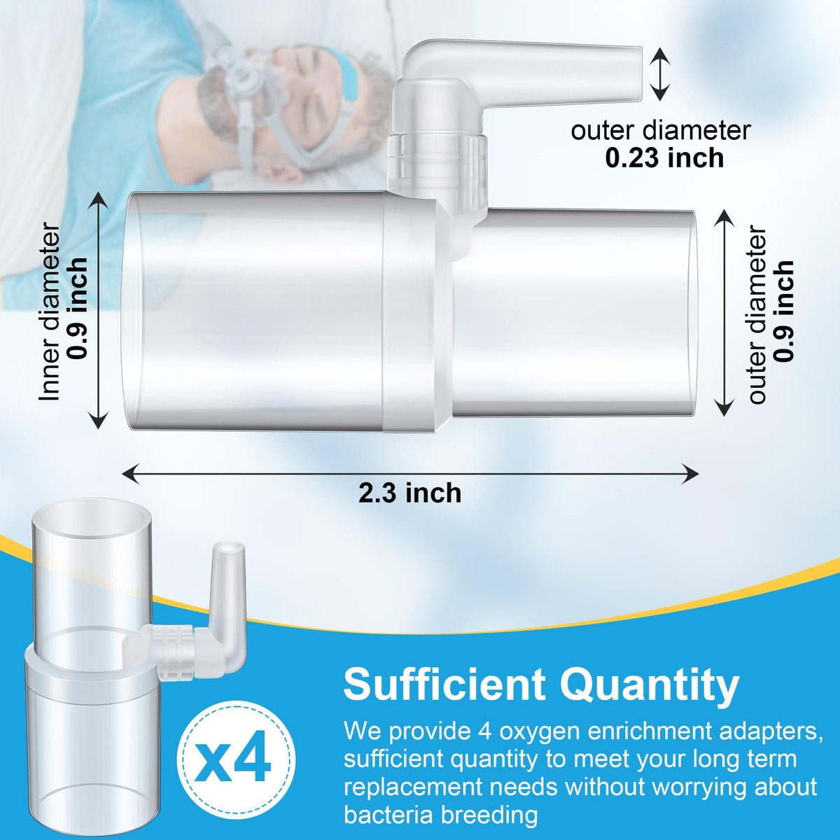 Qiyaz 4er-Pack Sauerstoffanreicherungsadapter, Sauerstoffadapter-Anreicherungsanschluss für CPAP-Schläuche, medizinischer Universal-CPAP-Schlauchverbinder kompatibel mit beheizten und unbeheizten Schläuchen