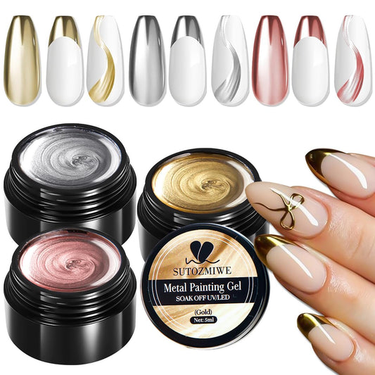 SUTOZMIWE Chrome Gel Nagellack Set - 3D Metallic Gel Nail Polish in Gold, Silber & Roségold - Spiegelnder Metallic-Effekt - UV-LED Aushärtung - 3 x 0,06 Fl Oz