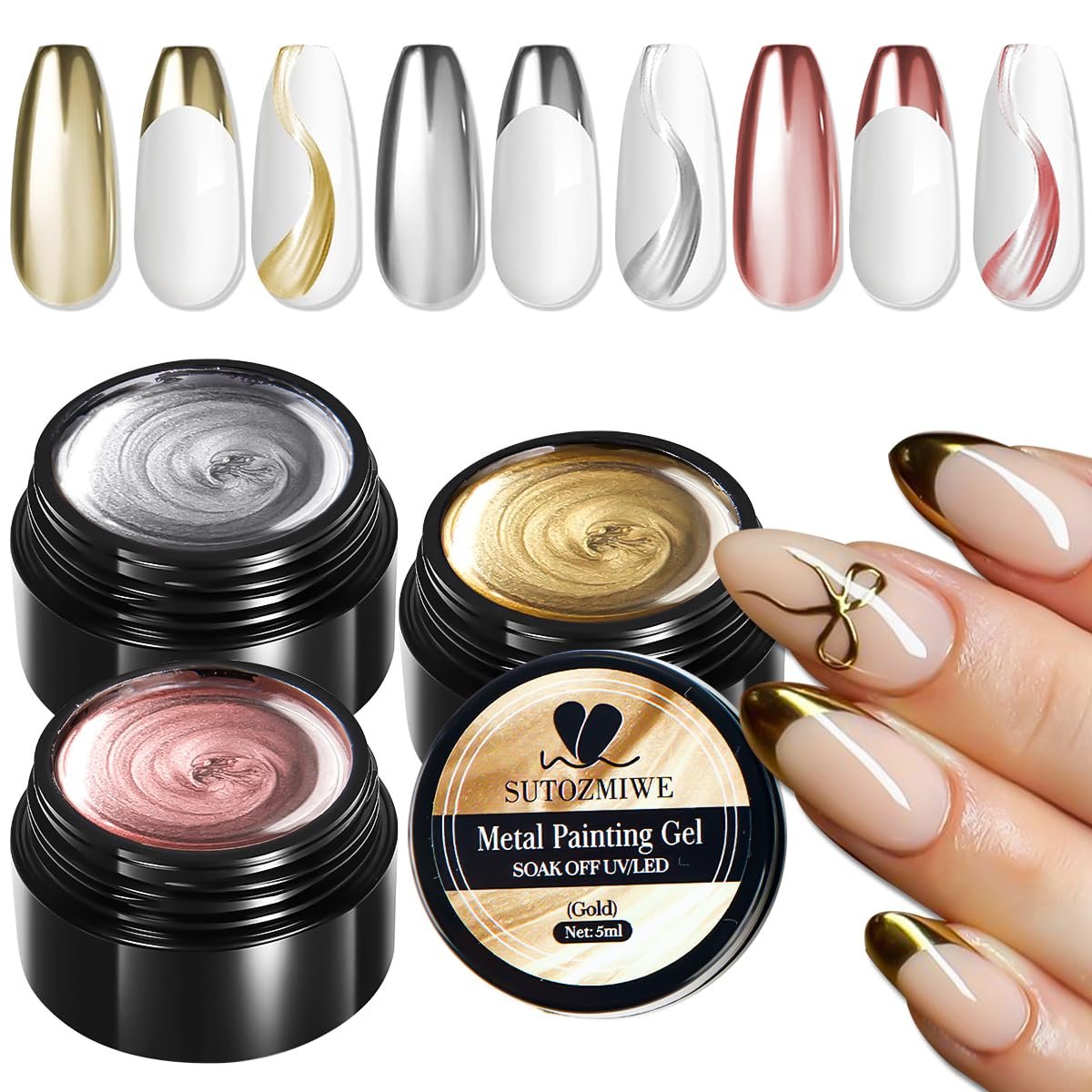 SUTOZMIWE Chrome Gel Nagellack Set - 3D Metallic Gel Nail Polish in Gold, Silber & Roségold - Spiegelnder Metallic-Effekt - UV-LED Aushärtung - 3 x 0,06 Fl Oz