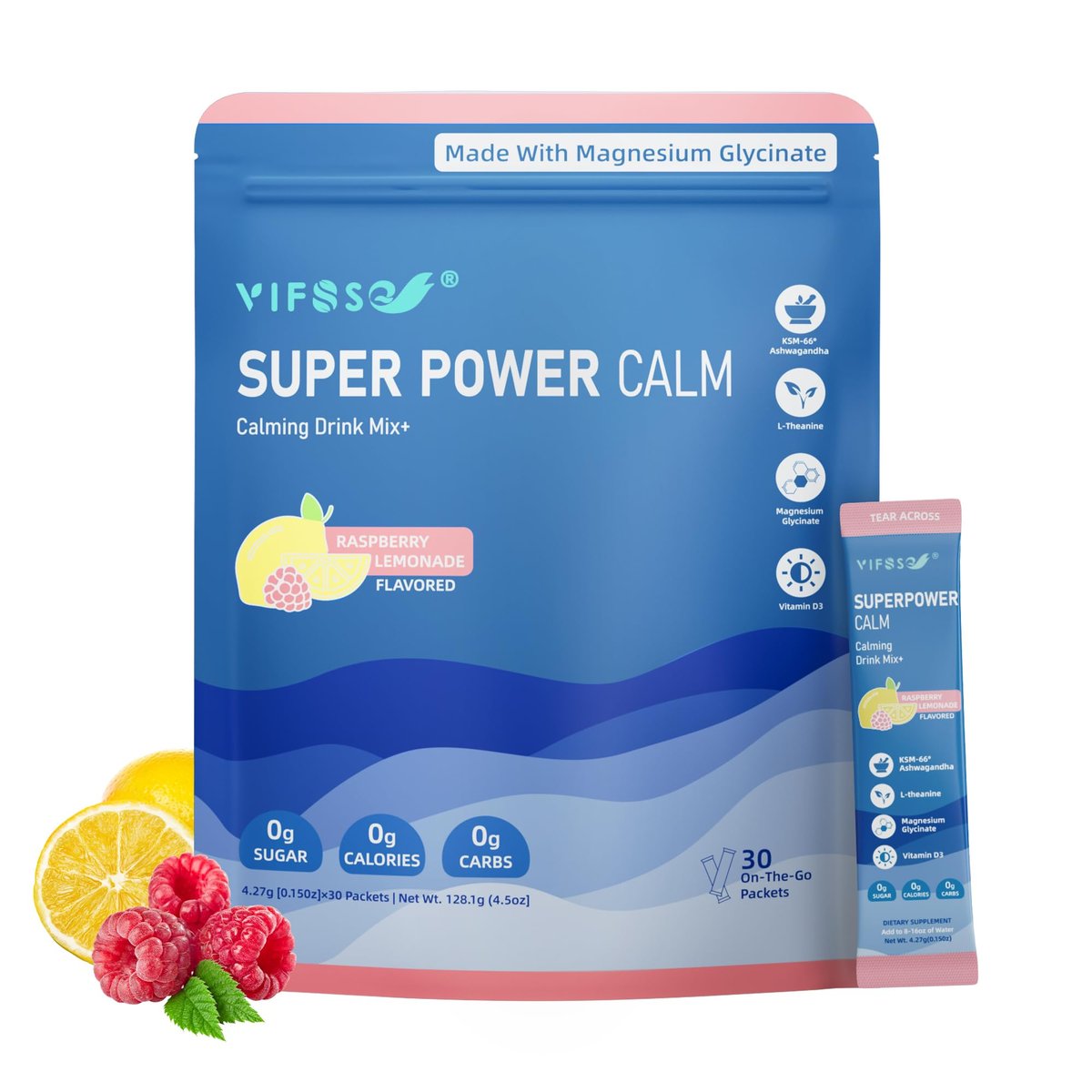 VIFSSG Super Power Calming Pulvergetränk, Himbeer-Zitronen-Geschmack, 30 Portionen, L-Theanin, KSM-66 Ashwagandha, Magnesiumglycinat, Vitamin D3, Zuckerfrei, Non-GMO für Entspannung & Fokus