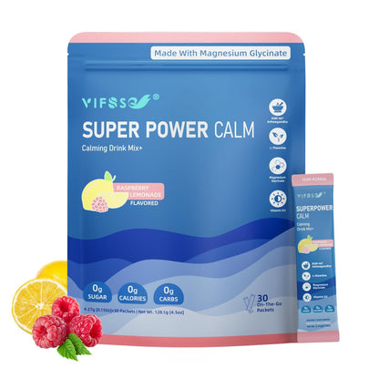 VIFSSG Super Power Calming Pulvergetränk, Himbeer-Zitronen-Geschmack, 30 Portionen, L-Theanin, KSM-66 Ashwagandha, Magnesiumglycinat, Vitamin D3, Zuckerfrei, Non-GMO für Entspannung & Fokus