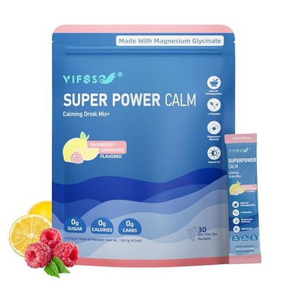 VIFSSG Super Power Calming Pulvergetränk, Himbeer-Zitronen-Geschmack, 30 Portionen, L-Theanin, KSM-66 Ashwagandha, Magnesiumglycinat, Vitamin D3, Zuckerfrei, Non-GMO für Entspannung & Fokus