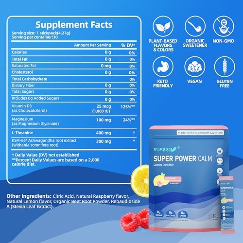 VIFSSG Super Power Calming Pulvergetränk, Himbeer-Zitronen-Geschmack, 30 Portionen, L-Theanin, KSM-66 Ashwagandha, Magnesiumglycinat, Vitamin D3, Zuckerfrei, Non-GMO für Entspannung & Fokus
