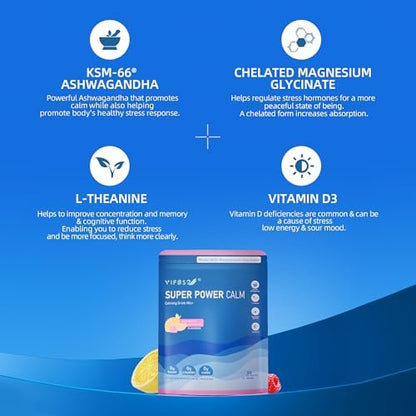 VIFSSG Super Power Calming Pulvergetränk, Himbeer-Zitronen-Geschmack, 30 Portionen, L-Theanin, KSM-66 Ashwagandha, Magnesiumglycinat, Vitamin D3, Zuckerfrei, Non-GMO für Entspannung & Fokus