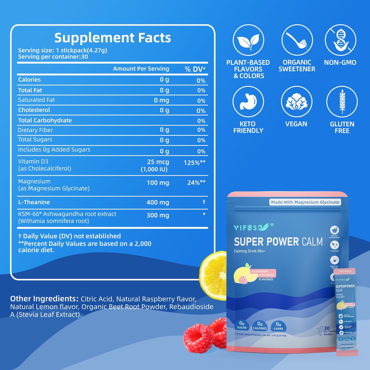 VIFSSG Super Power Calming Pulvergetränk, Himbeer-Zitronen-Geschmack, 30 Portionen, L-Theanin, KSM-66 Ashwagandha, Magnesiumglycinat, Vitamin D3, Zuckerfrei, Non-GMO für Entspannung & Fokus