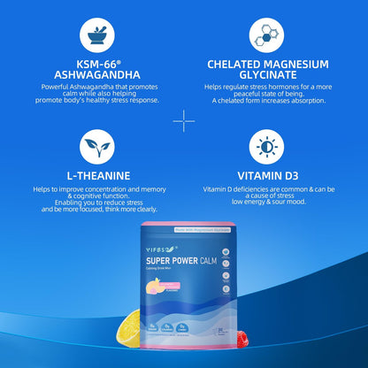 VIFSSG Super Power Calming Pulvergetränk, Himbeer-Zitronen-Geschmack, 30 Portionen, L-Theanin, KSM-66 Ashwagandha, Magnesiumglycinat, Vitamin D3, Zuckerfrei, Non-GMO für Entspannung & Fokus
