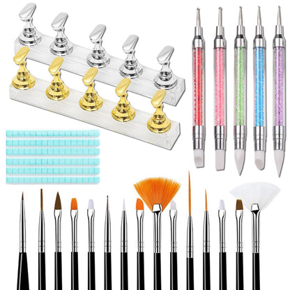 Nagelständer für Press-On-Nägel, 15-teiliges Nagelkunst-Pinselset, 5 doppelendige Dotting- und Modellierstifte, Nagelhalter mit 96 wieder verwendbaren Knetmassen, Nagelkunst-Werkzeuge