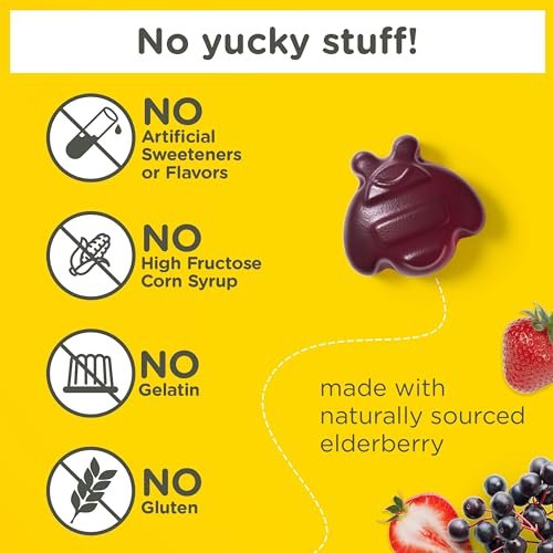 Zarbee's Holunderbeeren Gummis für Kinder ohne Zuckerüberzug – Tägliche Immununterstützung mit Vitamin C, D3 & Zink, ohne künstliche Aromen, ab 2 Jahren, 42 Stück