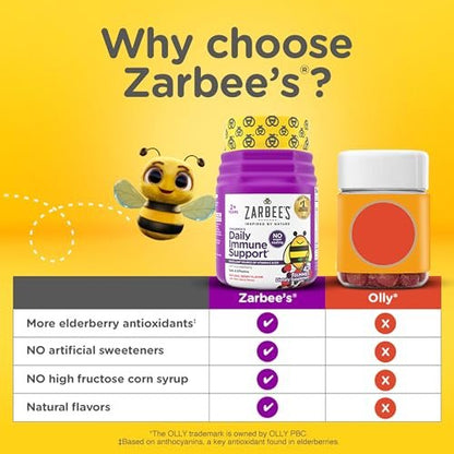 Zarbee's Holunderbeeren Gummis für Kinder ohne Zuckerüberzug – Tägliche Immununterstützung mit Vitamin C, D3 & Zink, ohne künstliche Aromen, ab 2 Jahren, 42 Stück