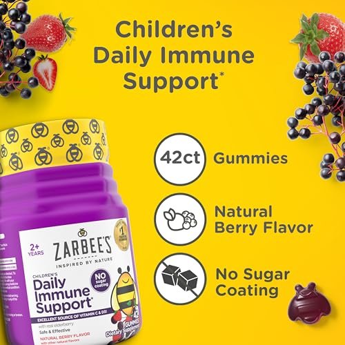 Zarbee's Holunderbeeren Gummis für Kinder ohne Zuckerüberzug – Tägliche Immununterstützung mit Vitamin C, D3 & Zink, ohne künstliche Aromen, ab 2 Jahren, 42 Stück