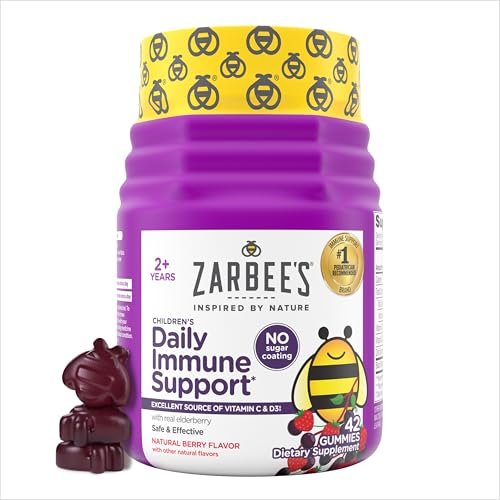 Zarbee's Holunderbeeren Gummis für Kinder ohne Zuckerüberzug – Tägliche Immununterstützung mit Vitamin C, D3 & Zink, ohne künstliche Aromen, ab 2 Jahren, 42 Stück