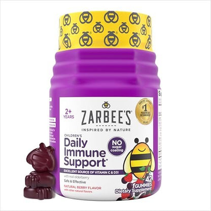 Zarbee's Holunderbeeren Gummis für Kinder ohne Zuckerüberzug – Tägliche Immununterstützung mit Vitamin C, D3 & Zink, ohne künstliche Aromen, ab 2 Jahren, 42 Stück