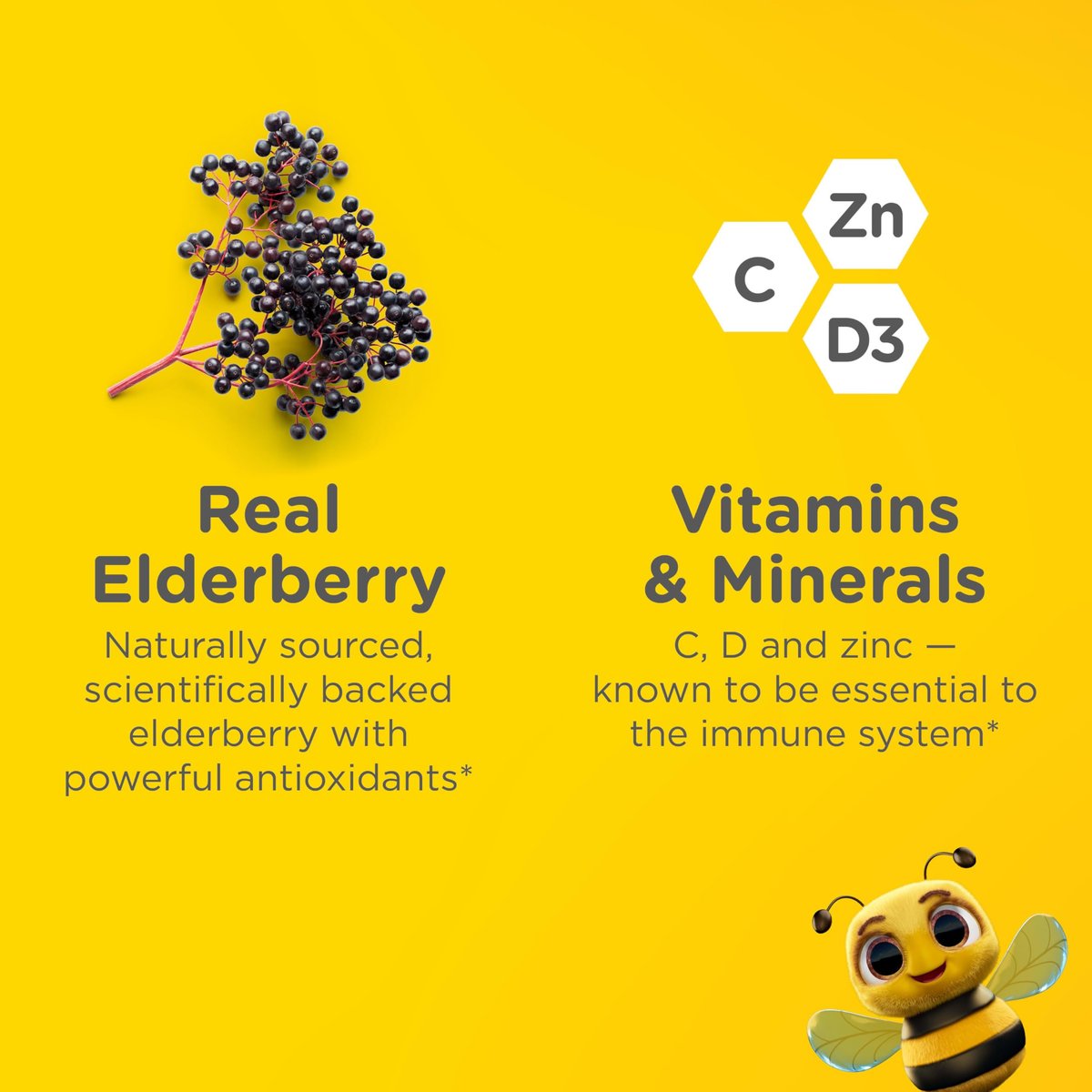 Zarbee's Holunderbeeren Gummis für Kinder ohne Zuckerüberzug – Tägliche Immununterstützung mit Vitamin C, D3 & Zink, ohne künstliche Aromen, ab 2 Jahren, 42 Stück