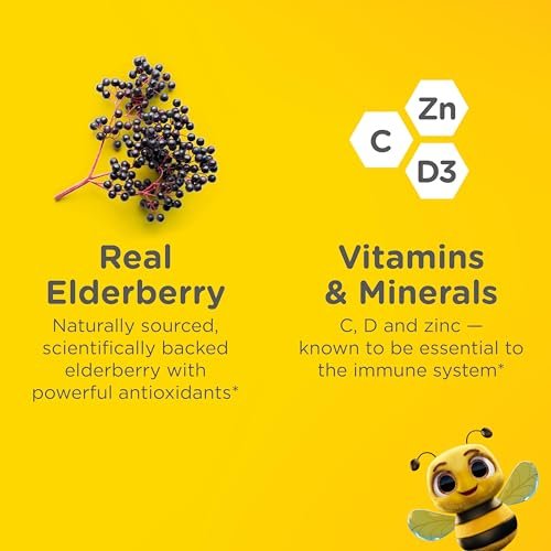 Zarbee's Holunderbeeren Gummis für Kinder ohne Zuckerüberzug – Tägliche Immununterstützung mit Vitamin C, D3 & Zink, ohne künstliche Aromen, ab 2 Jahren, 42 Stück