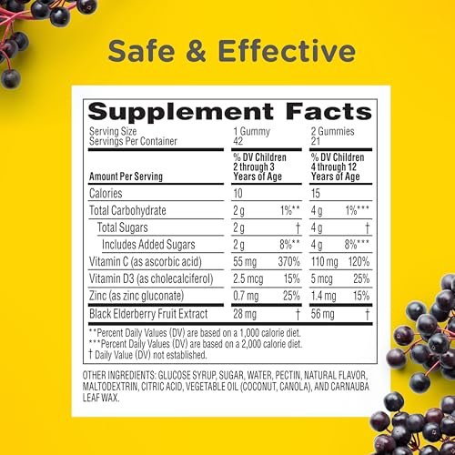 Zarbee's Holunderbeeren Gummis für Kinder ohne Zuckerüberzug – Tägliche Immununterstützung mit Vitamin C, D3 & Zink, ohne künstliche Aromen, ab 2 Jahren, 42 Stück