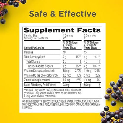 Zarbee's Holunderbeeren Gummis für Kinder ohne Zuckerüberzug – Tägliche Immununterstützung mit Vitamin C, D3 & Zink, ohne künstliche Aromen, ab 2 Jahren, 42 Stück