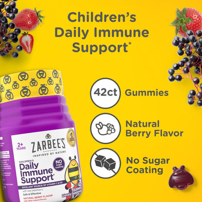 Zarbee's Holunderbeeren Gummis für Kinder ohne Zuckerüberzug – Tägliche Immununterstützung mit Vitamin C, D3 & Zink, ohne künstliche Aromen, ab 2 Jahren, 42 Stück