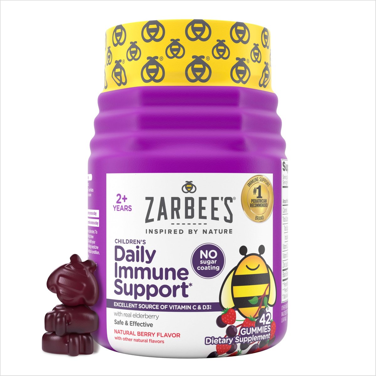 Zarbee's Holunderbeeren Gummis für Kinder ohne Zuckerüberzug – Tägliche Immununterstützung mit Vitamin C, D3 & Zink, ohne künstliche Aromen, ab 2 Jahren, 42 Stück