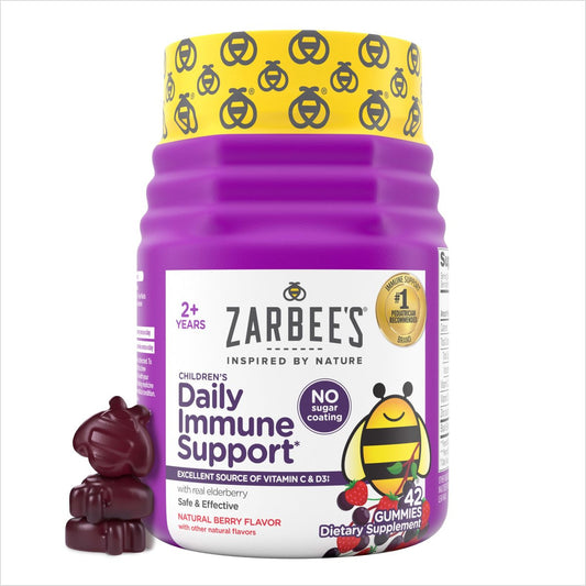 Zarbee's Holunderbeeren Gummis für Kinder ohne Zuckerüberzug – Tägliche Immununterstützung mit Vitamin C, D3 & Zink, ohne künstliche Aromen, ab 2 Jahren, 42 Stück