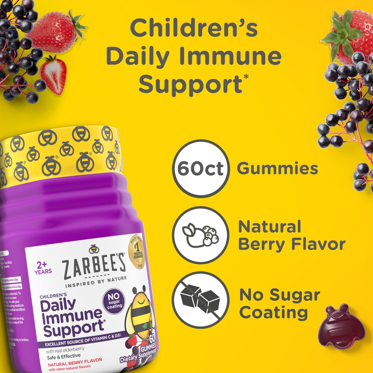 Zarbee's Holunderbeeren Gummibärchen für Kinder – ohne Zuckerzusatz, tägliche Immununterstützung* mit Vitamin C, D3 & Zink, ohne künstliche Aromen, ab 2 Jahren, 60 Stück