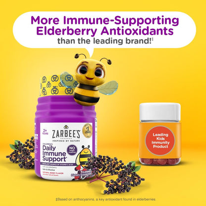 Zarbee's Holunderbeeren Gummibärchen für Kinder – ohne Zuckerzusatz, tägliche Immununterstützung* mit Vitamin C, D3 & Zink, ohne künstliche Aromen, ab 2 Jahren, 60 Stück