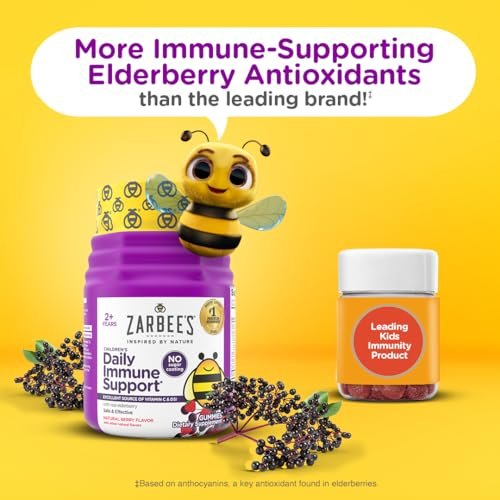 Zarbee's Holunderbeeren Gummibärchen für Kinder – ohne Zuckerzusatz, tägliche Immununterstützung* mit Vitamin C, D3 & Zink, ohne künstliche Aromen, ab 2 Jahren, 60 Stück