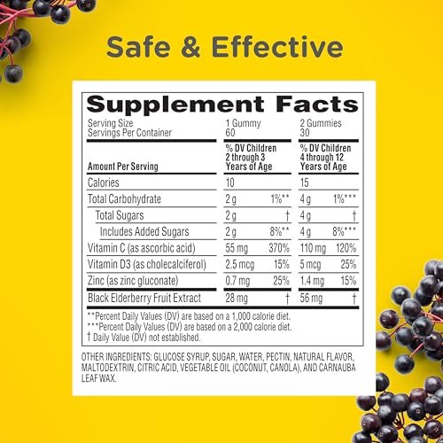 Zarbee's Holunderbeeren Gummibärchen für Kinder – ohne Zuckerzusatz, tägliche Immununterstützung* mit Vitamin C, D3 & Zink, ohne künstliche Aromen, ab 2 Jahren, 60 Stück