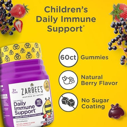 Zarbee's Holunderbeeren Gummibärchen für Kinder – ohne Zuckerzusatz, tägliche Immununterstützung* mit Vitamin C, D3 & Zink, ohne künstliche Aromen, ab 2 Jahren, 60 Stück