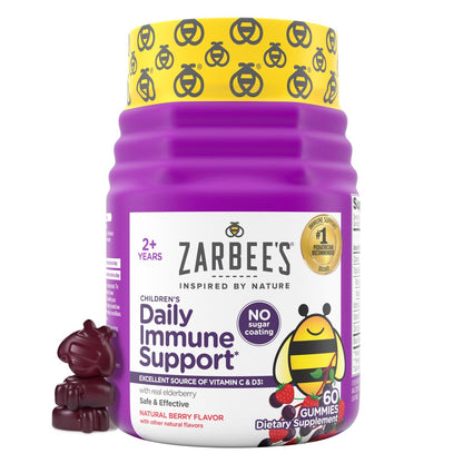Zarbee's Holunderbeeren Gummibärchen für Kinder – ohne Zuckerzusatz, tägliche Immununterstützung* mit Vitamin C, D3 & Zink, ohne künstliche Aromen, ab 2 Jahren, 60 Stück