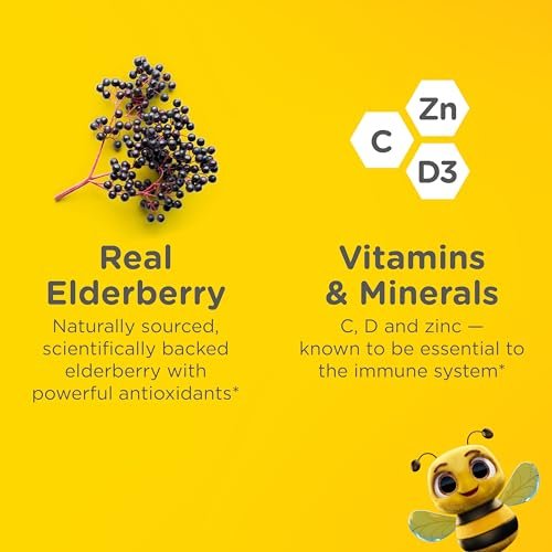 Zarbee's Holunderbeeren Gummibärchen für Kinder – ohne Zuckerzusatz, tägliche Immununterstützung* mit Vitamin C, D3 & Zink, ohne künstliche Aromen, ab 2 Jahren, 60 Stück