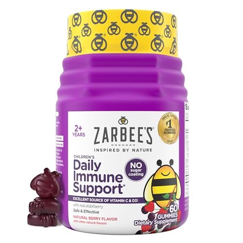 Zarbee's Holunderbeeren Gummibärchen für Kinder – ohne Zuckerzusatz, tägliche Immununterstützung* mit Vitamin C, D3 & Zink, ohne künstliche Aromen, ab 2 Jahren, 60 Stück