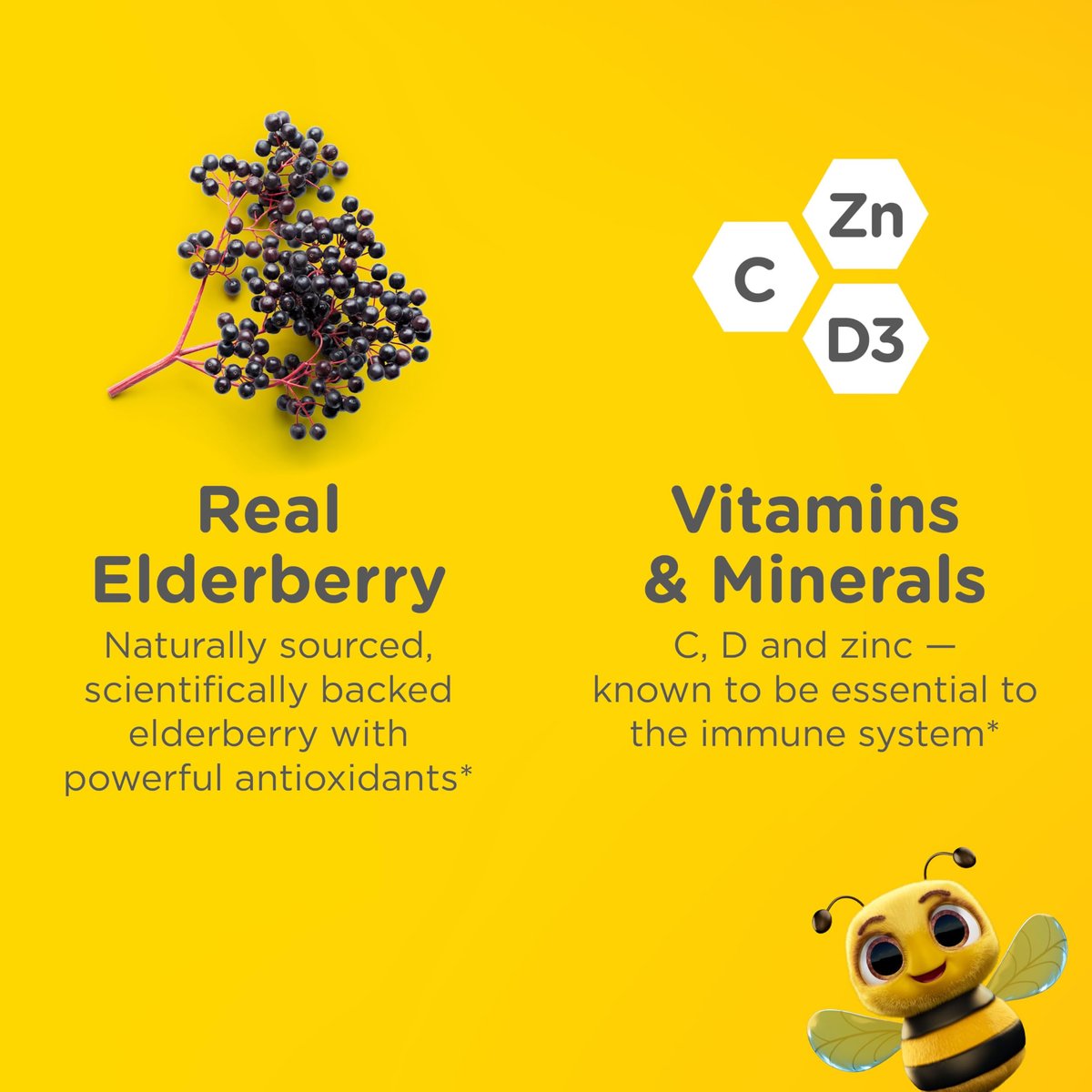 Zarbee's Holunderbeeren Gummibärchen für Kinder – ohne Zuckerzusatz, tägliche Immununterstützung* mit Vitamin C, D3 & Zink, ohne künstliche Aromen, ab 2 Jahren, 60 Stück
