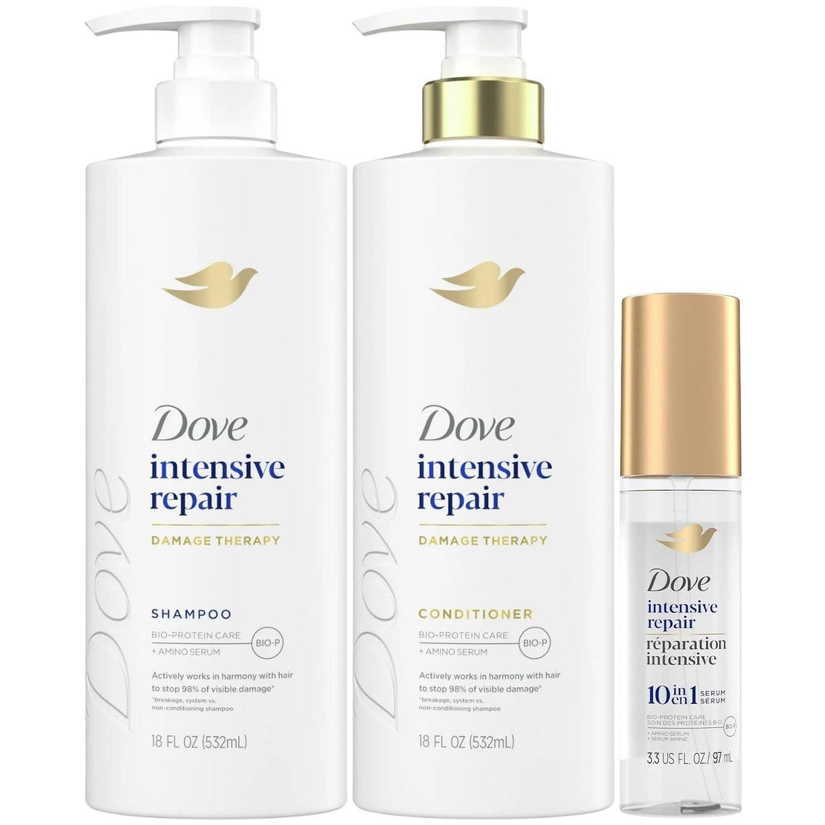 Dove Shampoo, Conditioner & Serum Set – Intensive Repair Damage Therapy Bio-Protein Care für trockenes, geschädigtes Haar (3-teiliges Set, 13,1 Fl Oz pro Flasche)