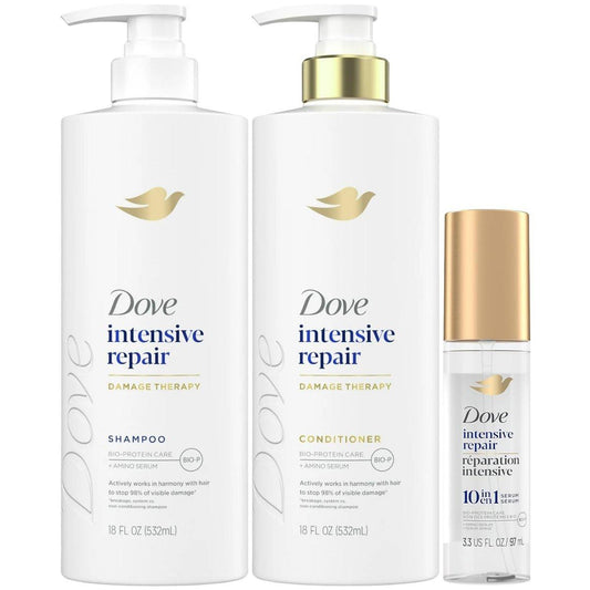 Dove Shampoo, Conditioner & Serum Set – Intensive Repair Damage Therapy Bio-Protein Care für trockenes, geschädigtes Haar (3-teiliges Set, 13,1 Fl Oz pro Flasche)
