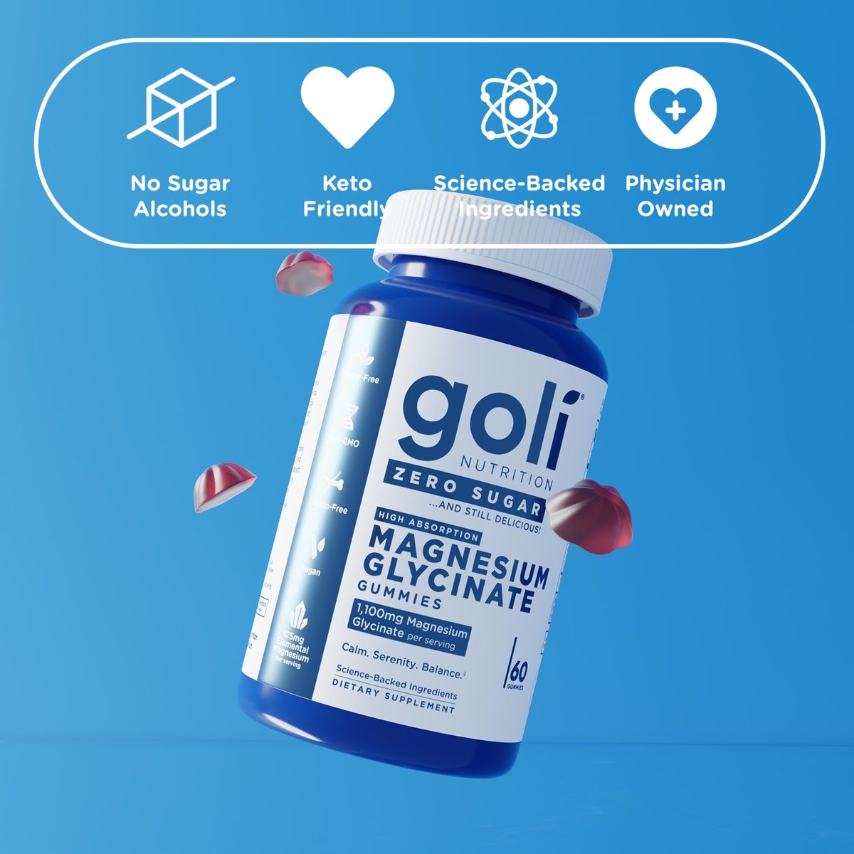 Goli Zero Sugar Magnesium Gummis – 125 mg Magnesiumcitrat mit Vitamin D – Ohne künstliche Süßstoffe, ohne Zuckeralkohole – Vegan, Keto-freundlich, glutenfrei