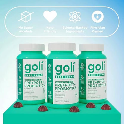 Goli Zero Sugar Pre Pro Postbiotic Gummies - Weltweit erste 3-in-1-Formel mit DE111, XOS, MCC1849 - Ohne Zuckeralkohole - Vegan, Keto-freundlich, Nicht-GVO - 60 Stück
