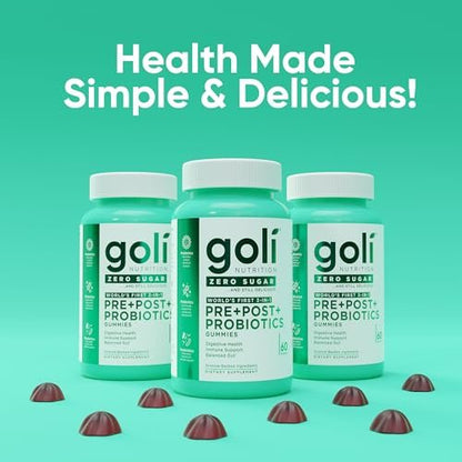 Goli Zero Sugar Pre Pro Postbiotic Gummies - Weltweit erste 3-in-1-Formel mit DE111, XOS, MCC1849 - Ohne Zuckeralkohole - Vegan, Keto-freundlich, Nicht-GVO - 60 Stück
