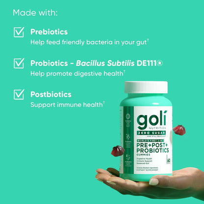 Goli Zero Sugar Pre Pro Postbiotic Gummies - Weltweit erste 3-in-1-Formel mit DE111, XOS, MCC1849 - Ohne Zuckeralkohole - Vegan, Keto-freundlich, Nicht-GVO - 60 Stück