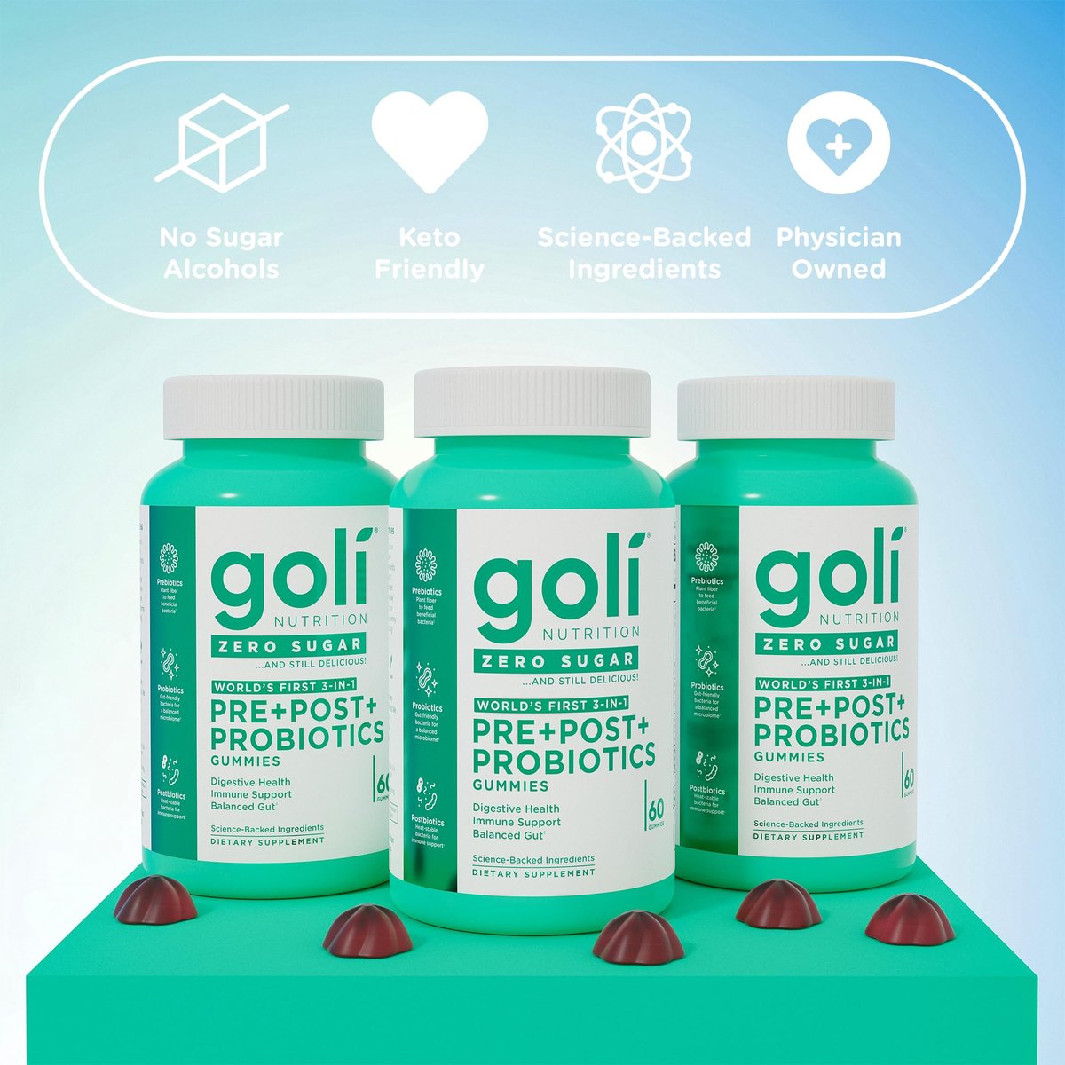 Goli Zero Sugar Pre Pro Postbiotic Gummies - Weltweit erste 3-in-1-Formel mit DE111, XOS, MCC1849 - Ohne Zuckeralkohole - Vegan, Keto-freundlich, Nicht-GVO - 60 Stück