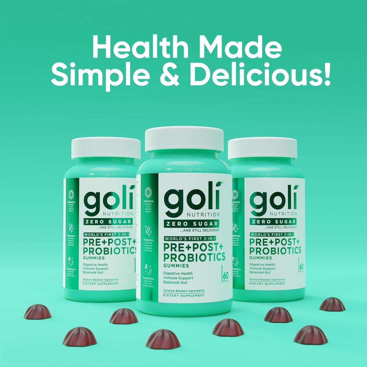 Goli Zero Sugar Pre Pro Postbiotic Gummies - Weltweit erste 3-in-1-Formel mit DE111, XOS, MCC1849 - Ohne Zuckeralkohole - Vegan, Keto-freundlich, Nicht-GVO - 60 Stück