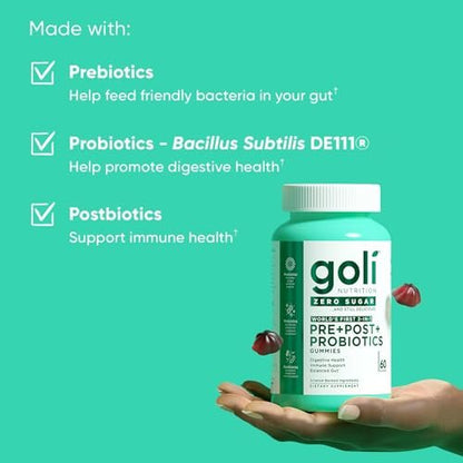 Goli Zero Sugar Pre Pro Postbiotic Gummies - Weltweit erste 3-in-1-Formel mit DE111, XOS, MCC1849 - Ohne Zuckeralkohole - Vegan, Keto-freundlich, Nicht-GVO - 60 Stück