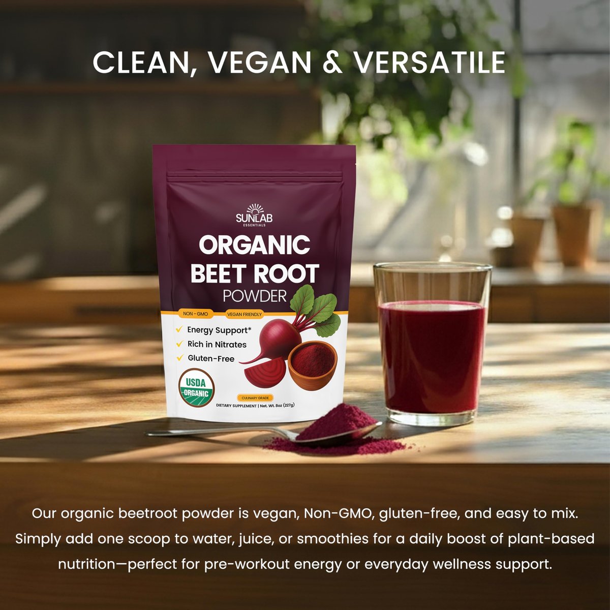 Bio Rote Bete Pulver (227 g) USDA Bio Rote Bete Pulver Nahrungsergänzung - Energie-, Herz- & Immununterstützung für Erwachsene - Vegane Rote Bete Saft - Reich an Nitraten - Ohne Gentechnik, glutenfrei & hergestellt in den USA